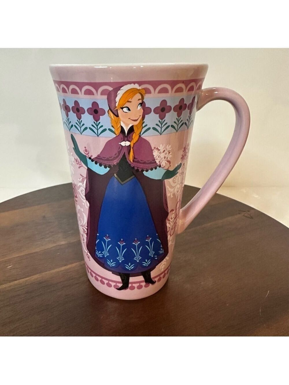 2013 Disney Frozen Anna Pink Latte Mug | Winter Snowflake Tall Coffee Cup 7”